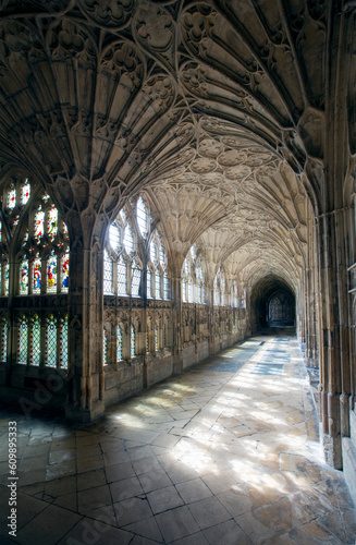 Cloisters of the Romanesque gothic Gloucester cathedral  with Fan vaulted ceiling, used extensively as location for the Harry Potter film series