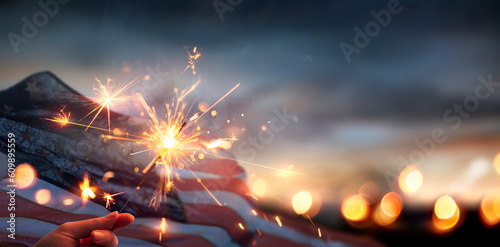 American Flag With Sparkler- 4th Of July - Independence Day And Memorial Day - Abstract Defocused Lights