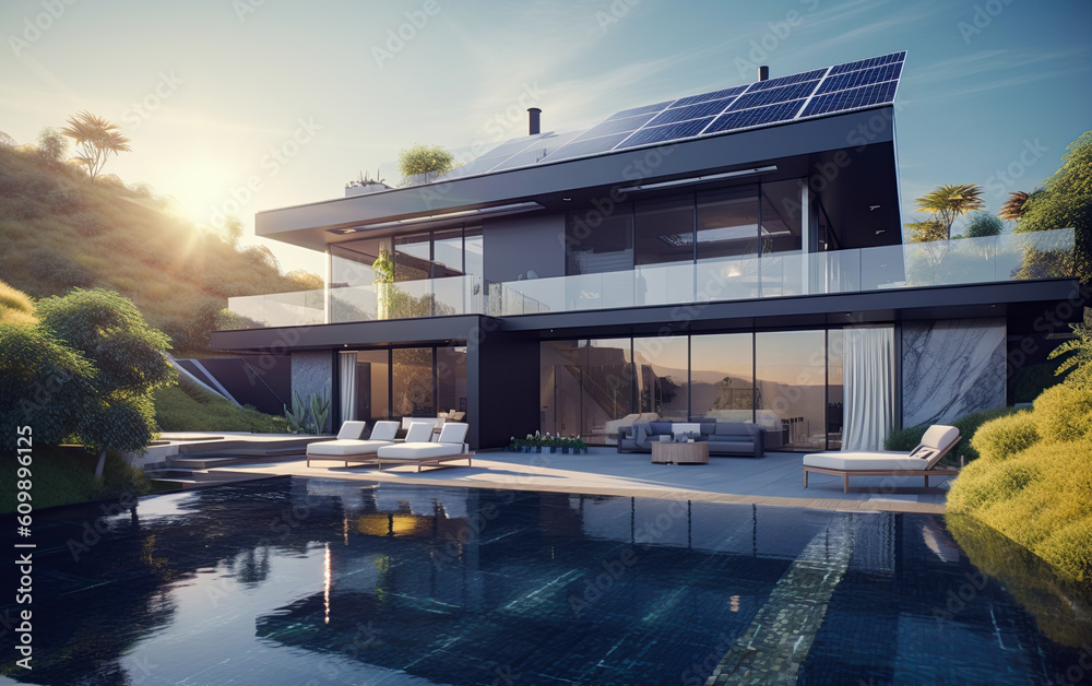 View of Modern luxury mansion with solar panels. Sustainable and renewable ...
