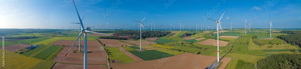 Image over a large wind farm for green energy production