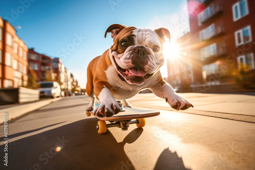 Bulldogge im Sommer auf Skateboard photo
