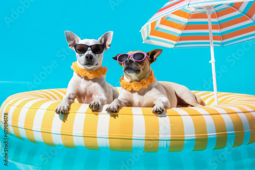 Hunde mit Sonnenschirm im Pool