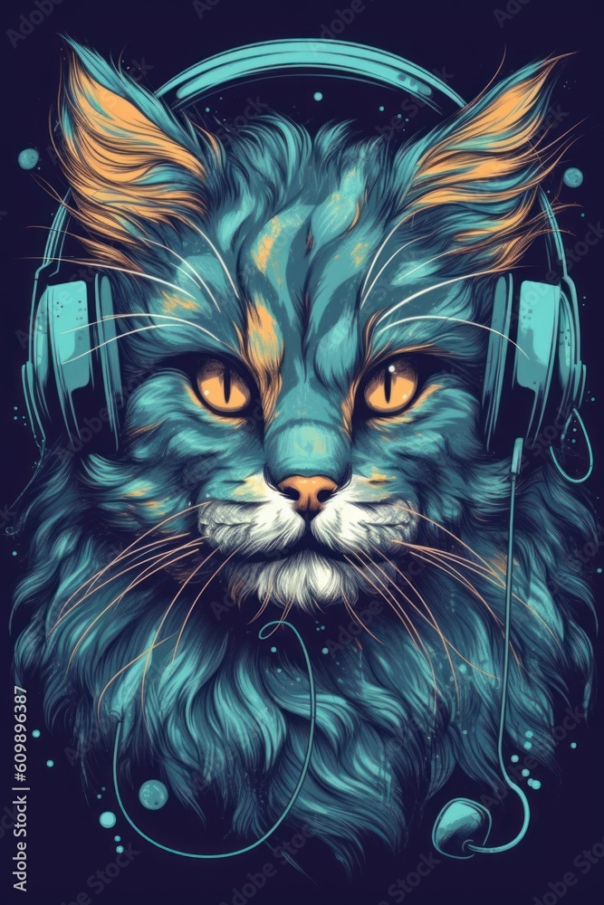 Illustration of a cat wearing headphones and enjoying music. Generative ai.	