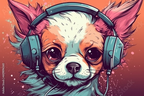 Illustration of a dog wearing headphones and enjoying music. Generative ai. 