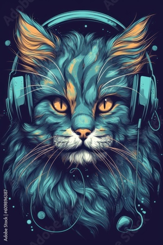 Illustration of a cat wearing headphones and enjoying music. Generative ai. 