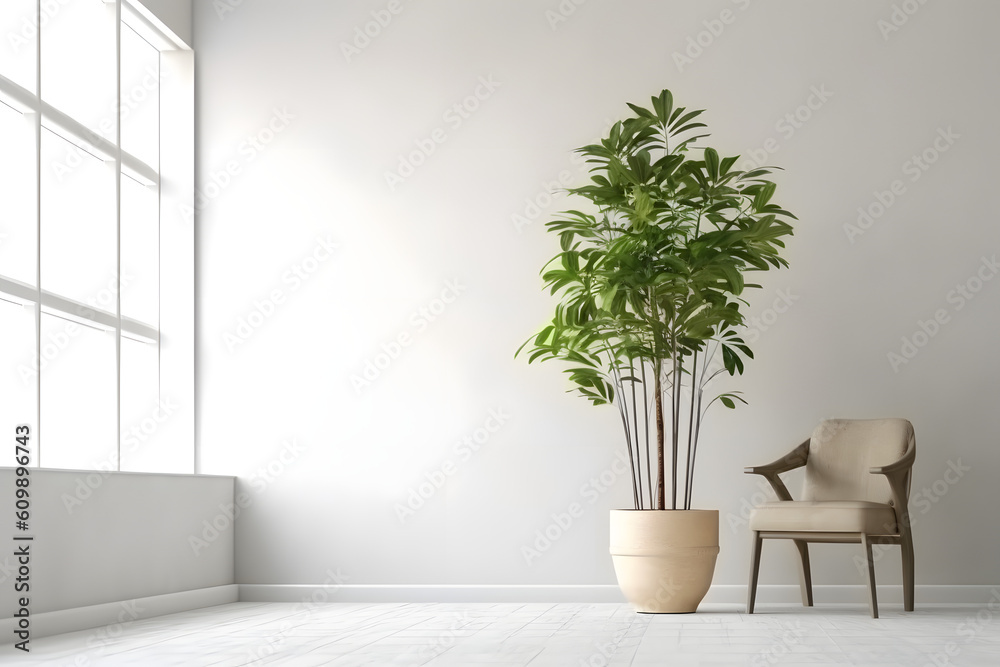 Plant, tree, vegetation in the white minimal clean room. Generative ai. Plant, tree, vegetation in the white minimal clean room. Generative ai.