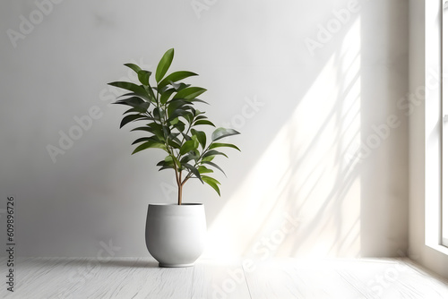 Plant, tree, vegetation in the white minimal clean room. Generative ai.