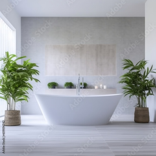 Modern White Bathtub in a Spacious Bathroom. Generative AI