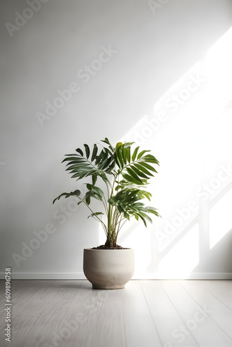 Plant, tree, vegetation in the white minimal clean room. Generative ai.