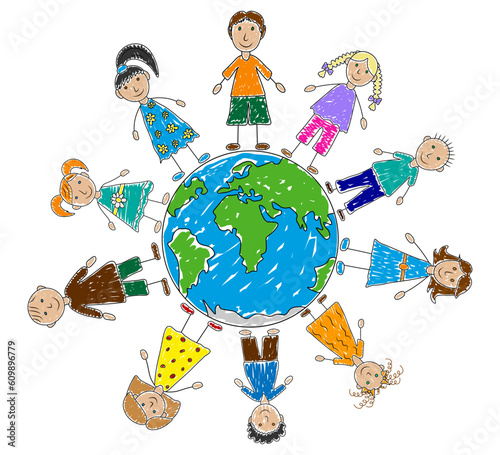 Group of happy kids around planet earth, hand drawn style. Color painted preschool children. Childhood and friendship. Vector illustration