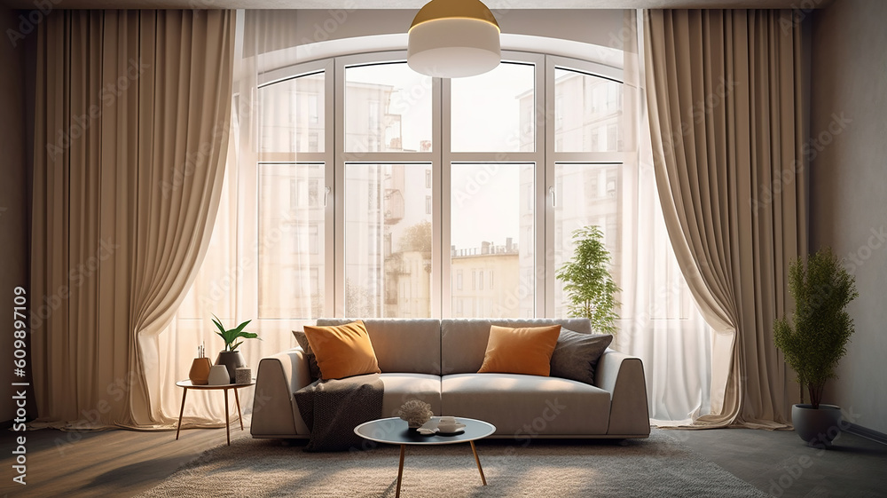 Modern furniture and window with curtains in stylish room interior. Generative Ai Modern furniture and window with curtains in stylish room interior. Generative Ai