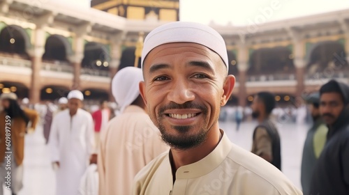 Muslim man standing in front of the kaaba, view of the kaaba in Mecca and bustling Muslim people, Generative AI