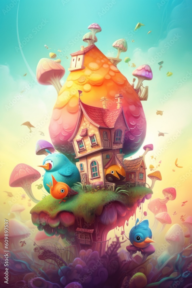The illustration portrays a whimsical and colorful cottage, reminiscent of a fairy tale setting. Generative Ai.