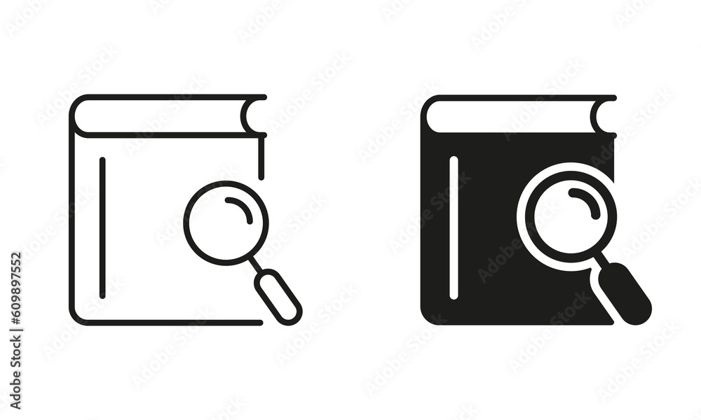 Magnifying Glass with Book Line and Silhouette Icon Set. Search Books Black Sign. Bookstore Icons. Search Button for Web Pages. Library and Bookstore Symbol Collection. Isolated Vector illustration Magnifying Glass with Book Line and Silhouette Icon Set. Search Books Black Sign. Bookstore Icons. Search Button for Web Pages. Library and Bookstore Symbol Collection. Isolated Vector illustration
