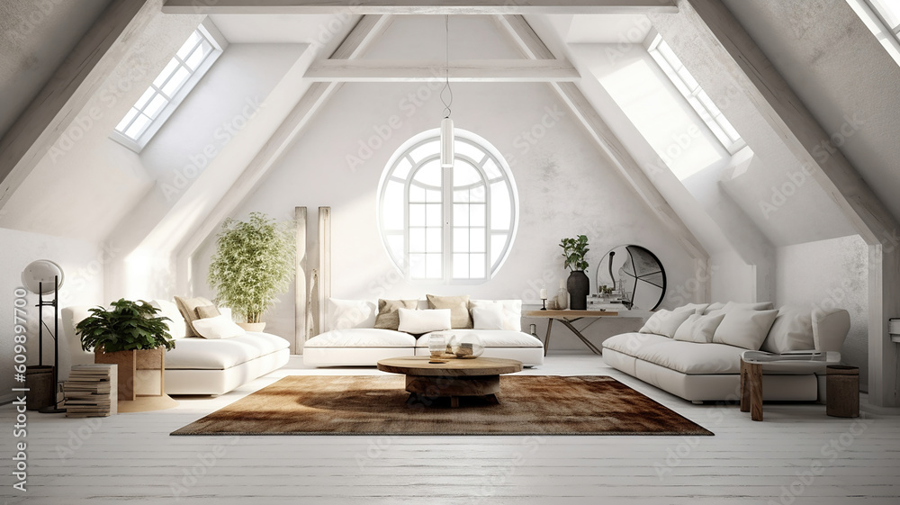 White loft interior in scandinavian style. Generative Ai