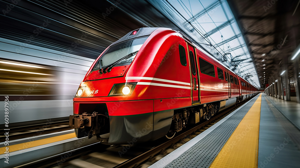 Naklejka premium High speed train in motion on the railway station. Generative Ai