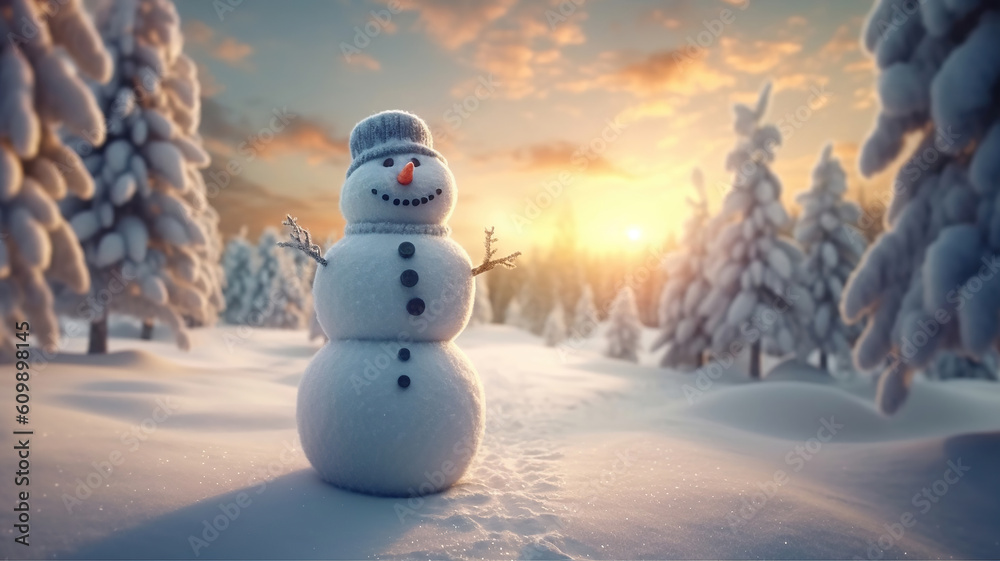 Obraz premium Happy snowman standing in winter christmas landscape. Generative Ai