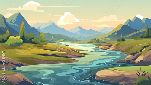 Background river winding through hills. A captivating abstract background showcasing a meandering river cutting through lush hills in illustration. Generative AI.