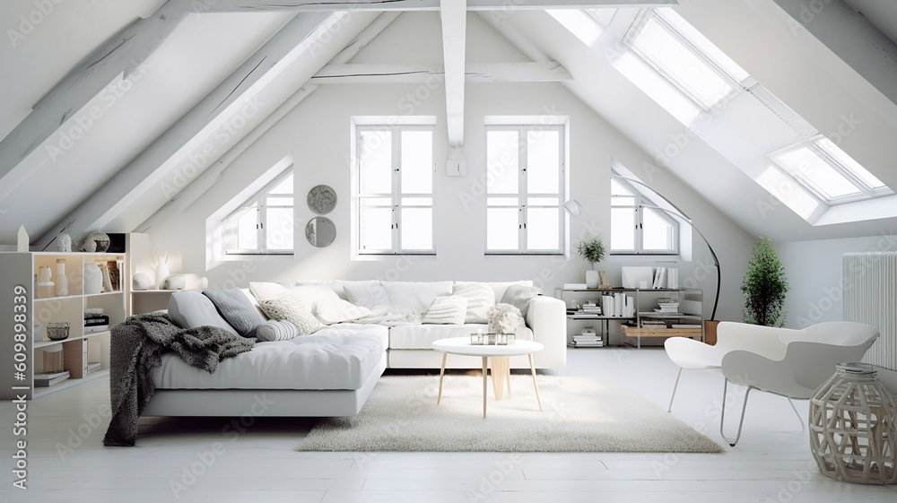 White loft interior in scandinavian style. Generative Ai White loft interior in scandinavian style. Generative Ai