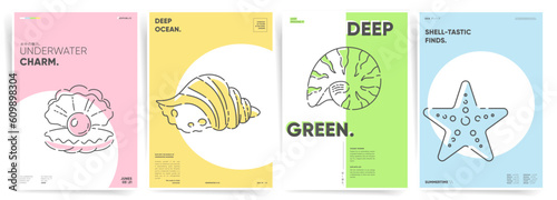 Minimal Poster with Yellow Pink Green Blue Sea Shell Pearl Patterns. Abstract and Modern Vector Designs in Bright and Trendy Tones. Summer mood minimal backgrounds for Poster, Cover, Brochure, Banner