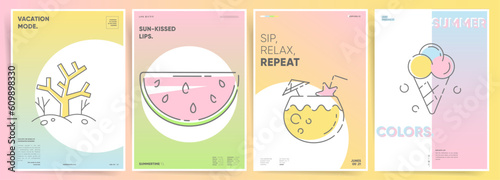 Gradient Backgrounds for Minimal Retro Y2k Poster Designs. Exotic tropical fruits, cocktails, beach ice cream and ocean elements. Summer art for brochure, poster, cover templates. 