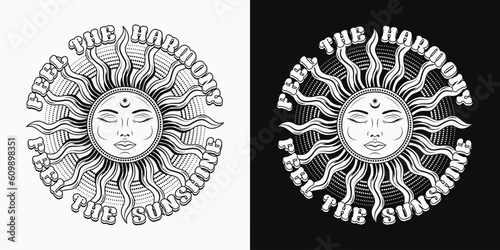 Label with sun with face, closed eyes, text. Mythological faitytale symbol. Solar sign. Groovy, hippie style. For clothing, apparel, T-shirts, surface decoration. Retro style illustration