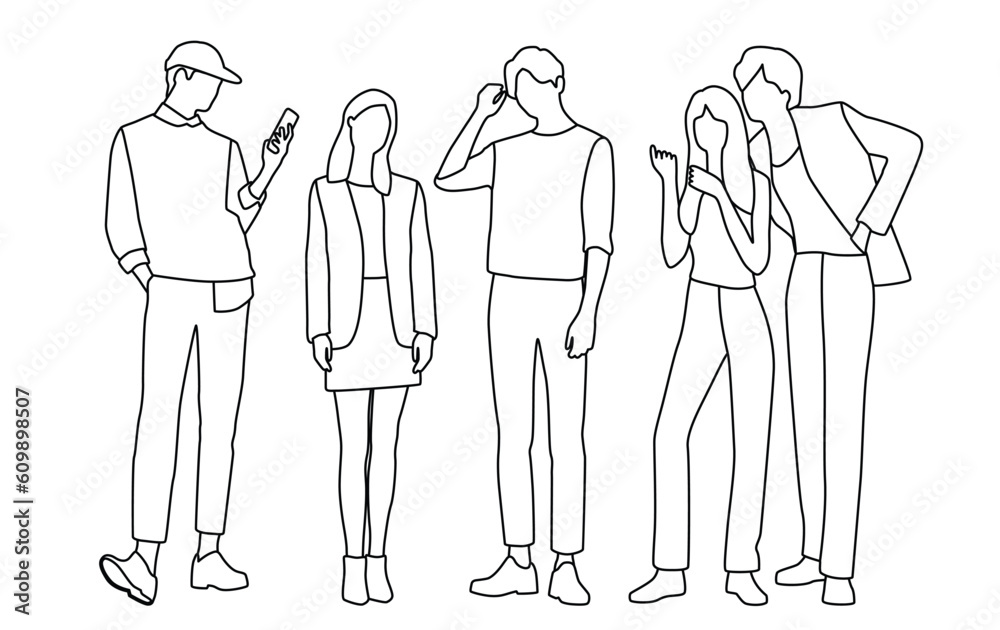 Vector silhouettes of men and a women, a group of standing business people, linear sketch, black and white color isolated on white background Vector silhouettes of men and a women, a group of standing business people, linear sketch, black and white color isolated on white background