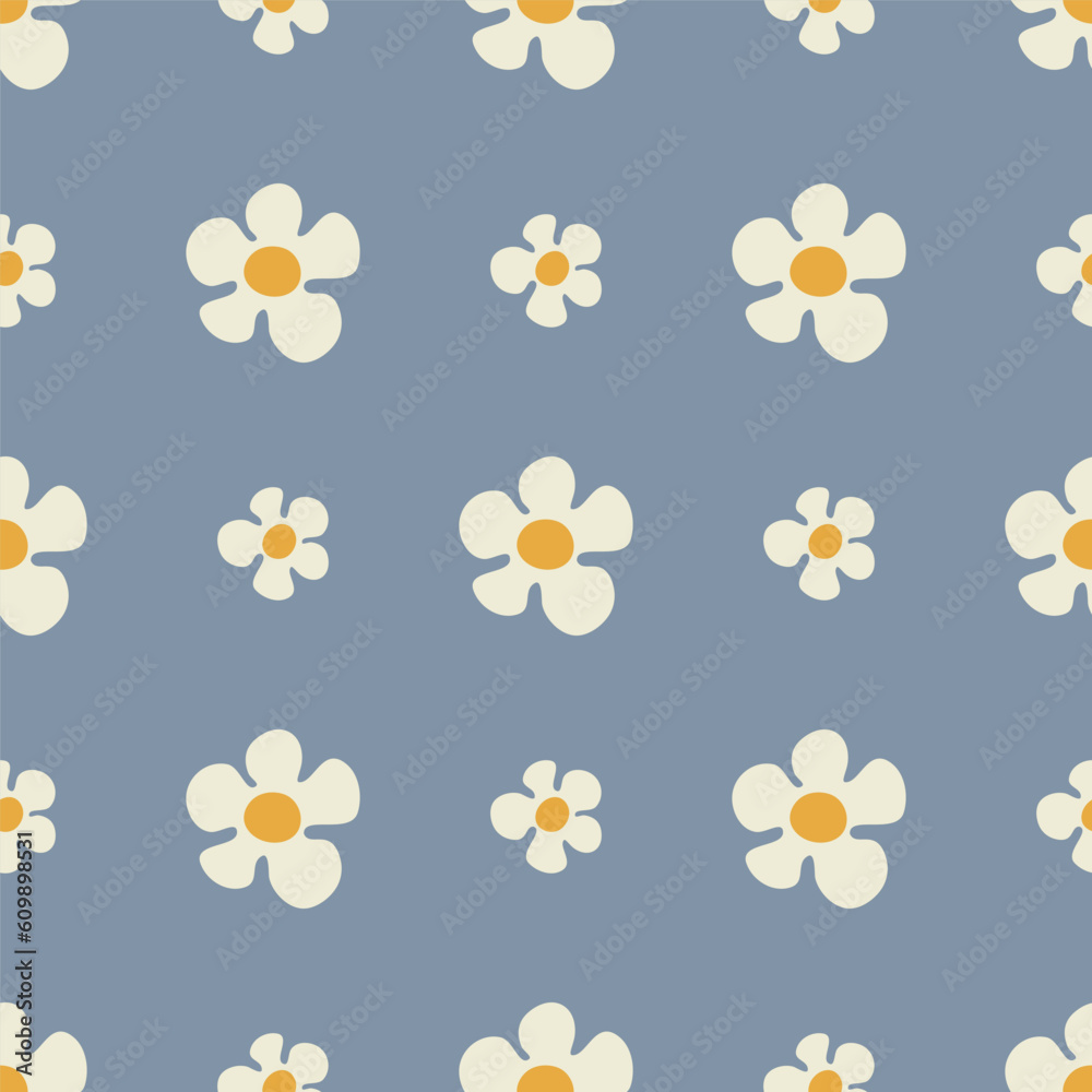 Seamless pattern with daisy flowers in Groovy style on blue background Seamless pattern with daisy flowers in Groovy style on blue background