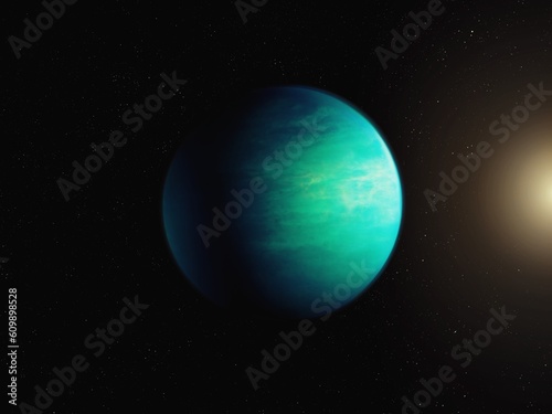 Exoplanet with conditions suitable for life. An extrasolar planet in deep space has an atmosphere and a solid surface. Super-Earth in the habitable zone.