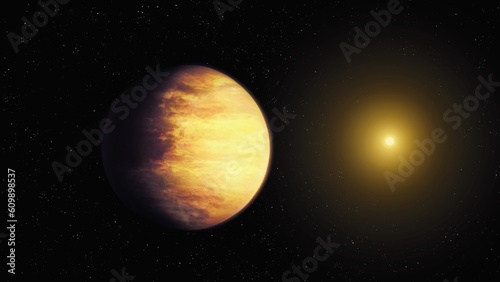 Extrasolar planet in yellow tones with a star. Exoplanet near the sun in deep space. Giant realistic planet.