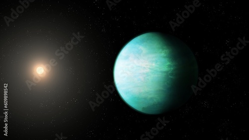 Extrasolar planet with a star. Exoplanet with a solid surface near the sun in deep space. Super-Earth with an atmosphere.