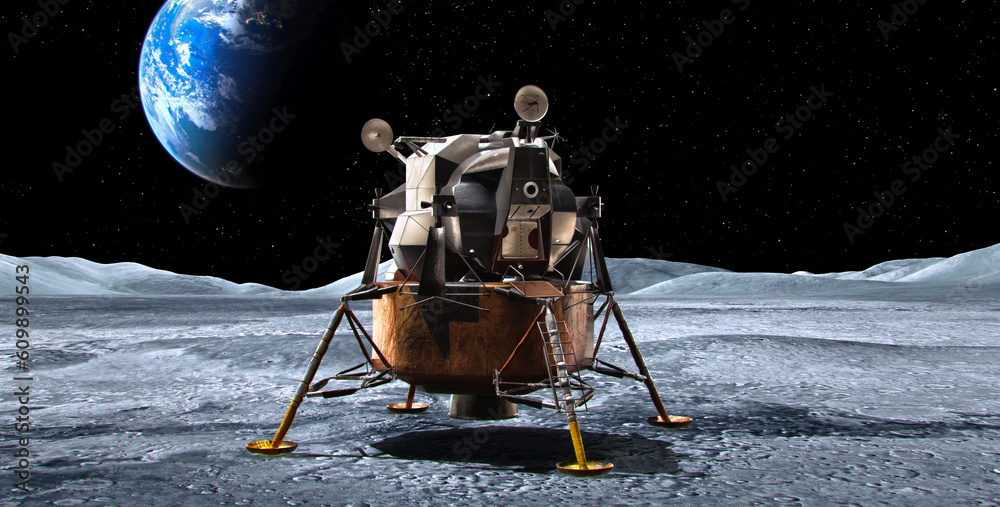 Naklejka premium Apollo Lunar Module landed on the Moon surface with planet Earth on the starry sky background. Lunar surface panorama. Space and planets exploration mission, terraforming, colonization concept, 3D