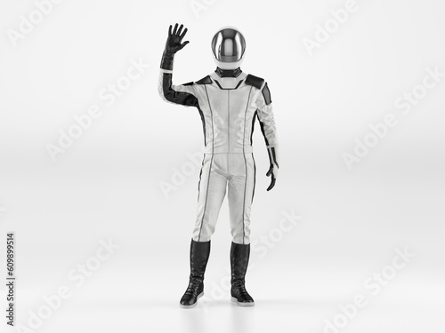 Fototapeta Naklejka Na Ścianę i Meble -  Astronaut wearing space suit, studio shot. Spacex spaceman in futuristic spacesuit waving hand. Space travel, universe discovering, martian base, Moon, Mars colonization, NASA exploration mission, 3D