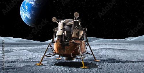 Apollo Lunar Module landed on the Moon surface with planet Earth on the starry sky background. Lunar surface panorama. Space and planets exploration mission, terraforming, colonization concept, 3D photo