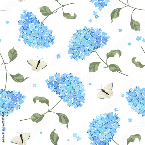 Delicate Hydrangea twigs with blue flowers and white butterflies isolated on white background. Seamless vector pattern