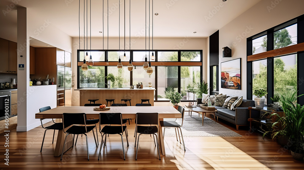 Fototapeta premium Dining room with wooden table and floor in modern apartment. Generative Ai