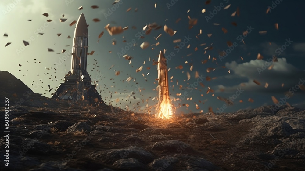 The rocket is launched from the ground. Space exploration. Generative