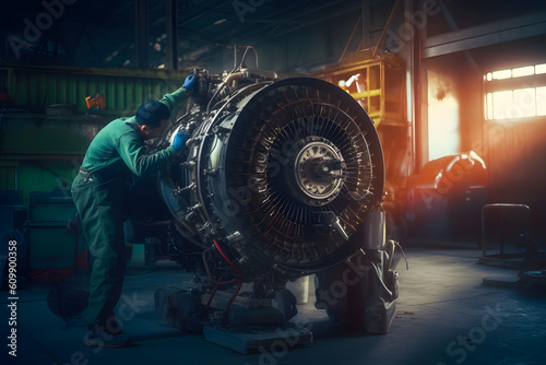 Specialist mechanic repairs the maintenance of a large engine of a passenger aircraft in a aviation hangar. Generative AI