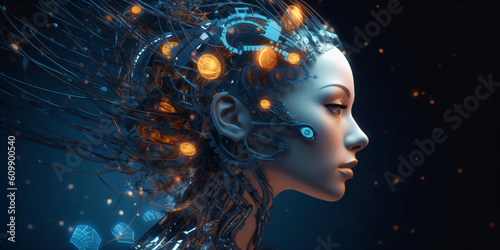 cyber girl with digital brain, advanced artificial intelligence for the future, neural network, fictional persons created with generative ai