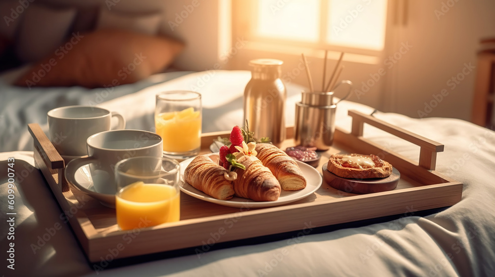 tray with breakfast food on the bed inside a bedroom. Generative Ai - obrazy, fototapety, plakaty 