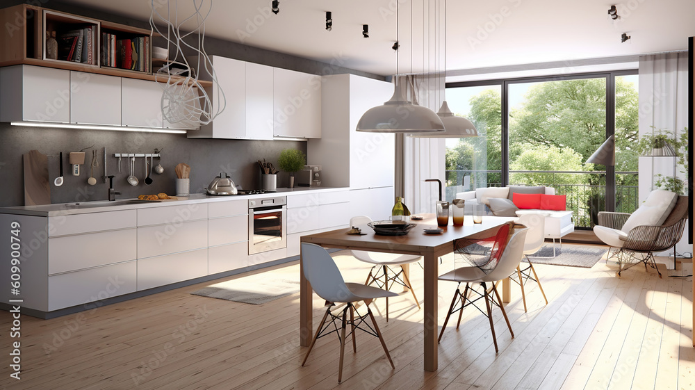 Stylish apartment interior with modern kitchen. Generative Ai