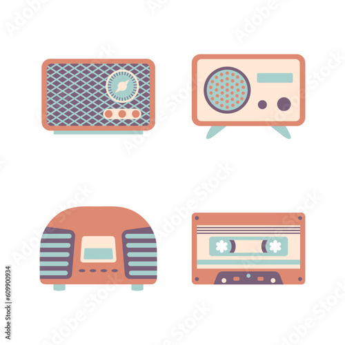 Retro Radio Stereo set. Vintage music players flat vector illustrations.