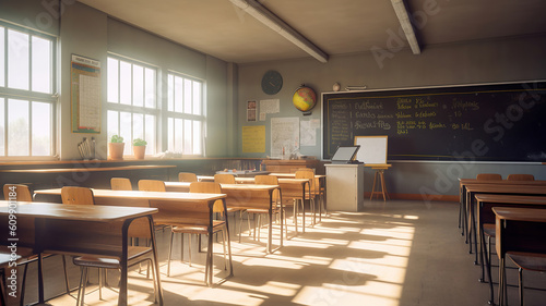 Wallpaper Mural School classroom with school desks and blackboard. Generative Ai Torontodigital.ca