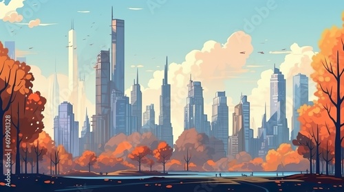 Abstract background autumn skyscrapers. A visually appealing banner design showcasing an autumn skyscrapers illustration in  format against an abstract background. Generative AI.