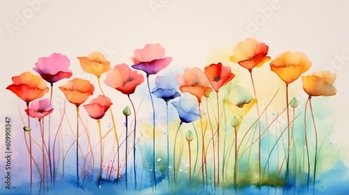 multicolored watercolor gradient rainbow flowers on a white background peonies poppies summer painting. generative ai