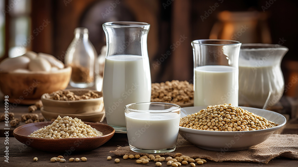 Reptientes with soy milk and grains on a wooden table and rustic kitchen background. Generative Ai Reptientes with soy milk and grains on a wooden table and rustic kitchen background. Generative Ai