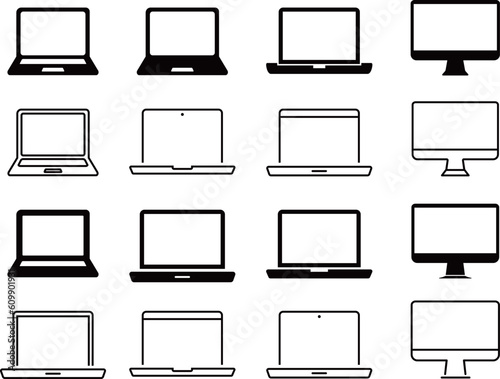 シンプルなノートパソコンとデスクトップの線画とシルエットのアイコンセット