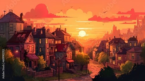 Background old city. An enchanting banner design featuring a illustration of an old city at sunset on an abstract background. Generative AI.