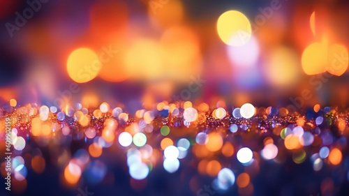 light bokeh Bright glowing lights of district in megapolis under dusk sky in evening on blurred background. Generative Ai