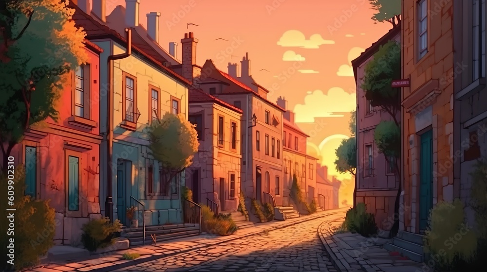 Fototapeta premium Background old city. An artistic and detailed illustration of an old city during sunset, rendered in format with an abstract background. Generative AI.